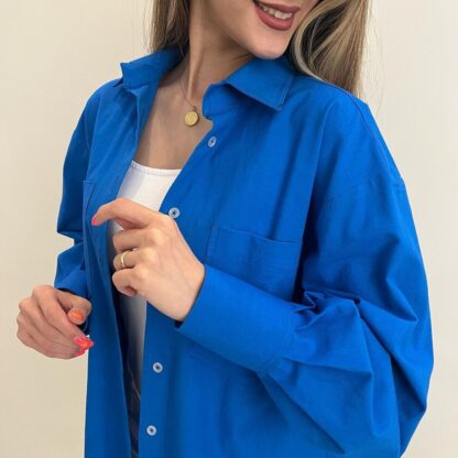 شومیز طرح ترلان رنگ آبی سه رخ چپ